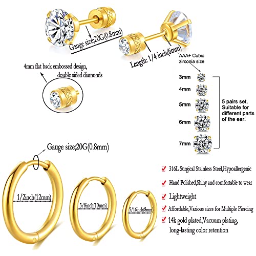 Dainty 8 Pairs Surgical Stainless Steel Earrings 14K Gold Plated Hoop Earrings,Diamond Cz Stud Earrings Women Men Lightweight Hypoallergenic Earrings Sets For Multiple Piercing,Suitable For Cartilage,Helix,Lobe,First Hole,Second Hole,Third Hole(Gold) #TOP1