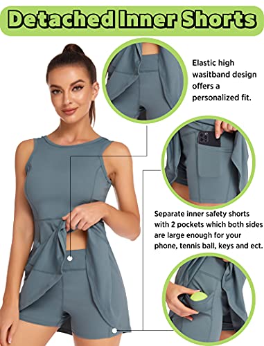 Heledok 2 In 1 Women's Workout Tennis Dress Built-In Shorts With Pockets Sleeveless Athletic Dress For Golf Sportwear Green #TOP2