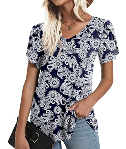 Cathy Women Summer Tunic Petal Sleeve V-Neck Tshirt Loose Comfy Blouse Casual Basic Beach Tops White Sun Flower X-Large #TOP1