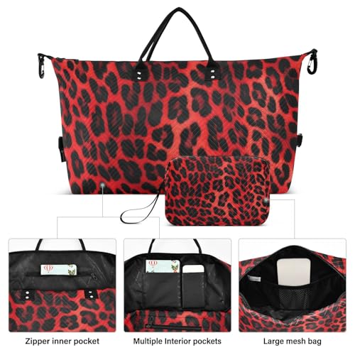 Duffel Bag Set for Travel Gym Sport, Weekender Bag Carry on Overnight Bags for Women Men-Red Leopard Print2