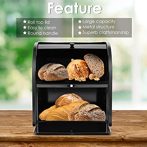 Pitmoly Stainless Steel Bread Box, 2 Layer Roll Top Bread Boxes, Large Capacity Food Storage Container For Kitchen Counter, Metal Bread Bin, Bread Holder For Countertop 12.6" X 9.7" X 12.8" (Black) #TOP2