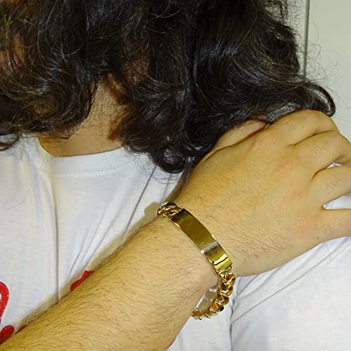 18K Gold Id Link Chain Bracelet Men | Engraved Plate Linked Bangle 22Cm | 26.65G Yellow Gold | Trendy Jewelry | Personalized Gift Wedding Anniversary Fathers Day | Luxurious Christmas Present | #TOP5