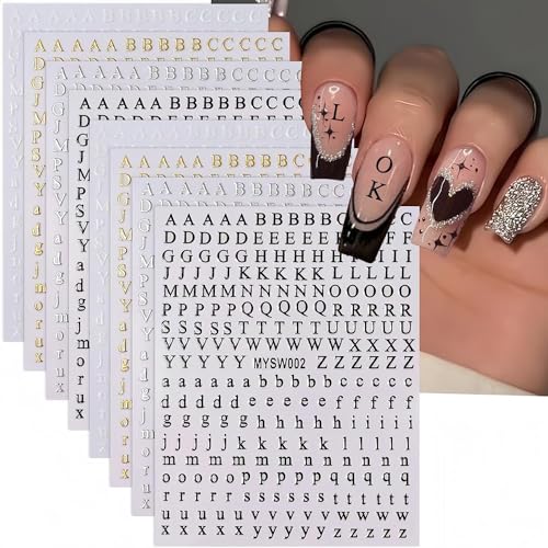 8 Sheets Letters Nail Art Stickers English Alphabet Nail Decals 3D Self Adhesive Black Alphabet Nail Art Supplies Metallic Gold Silver Nail Sticker for Women DIY Nail Decoration Manicure
