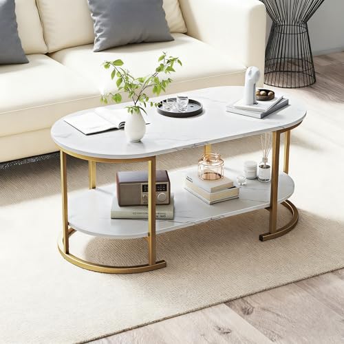 Giantex 2-Tier Coffee Table, Oval Center Table with Faux Marble