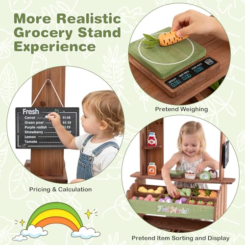 Costzon Wooden Grocery Store Pretend Play, Outdoor & Indoor Farm Market Stand w/Chalkboard & 40+ Accessories, Supermarket Playset for Kids, Solid Grocery Store Role Play Toy for Toddlers Ages 3+ - Image 4
