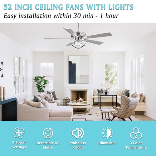 Parrot Uncle 52 Inch Modern Lighting Ceiling Fans, Silver, 3 Speeds, Dimmable LED, Reversible DC Motor