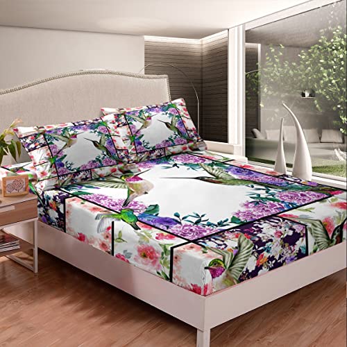 Erosebridal Hummingbird Sheet Set Blue Purple Pink Flowers Rustic Style Flat Sheet Queen For Adult Women Girls Bedding,Hummingbird Patchwork Decor Fitted Sheet Cute Animal Birds Print Bed Sheet #TOP3