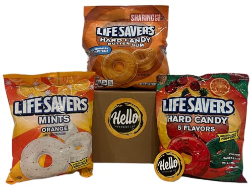 Life Savers 3 Pack Variety Bundle Pack (Butter Rum Hard Candy 14.5 Oz) (5 Flavors Hard Candy 6.25 Oz) (Orange Mints 6.25 Oz) Lifesavers Individually Wrapped with Hello SunShine Magnet