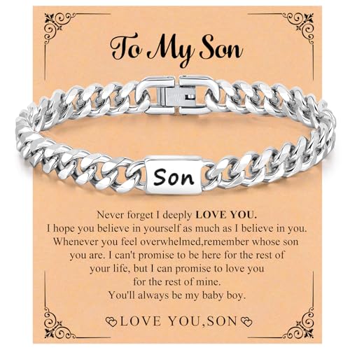 Stainless Steel Bracelet Gifts for Him Son - Silver Cuban Chain Link Men's Bracelet Gifts Classic Hip Hop Stacking Layered Birthday Christmas Anniversary Personalized Son Jewelry Gifts from Mom Dad