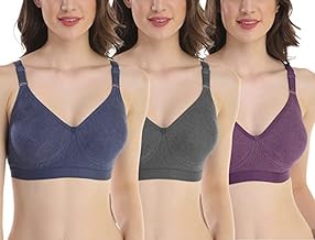 SKDREAMS Blue & Brown & Purple-32D Cotton Blend Seamless Non Padded Non-Wired Full Coverage Pack of 3 Women T-Shirt Bra Combo