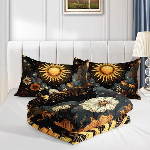 Image of AILONEN Sun and Moon Bedding Set for Teens Girls Bedroom Decor,Bohemian Style Starry Sky Comforter Set Queen Size,Natural Plants Duvet Set,1 Quilt and 2 Pillowcases,3Pcs