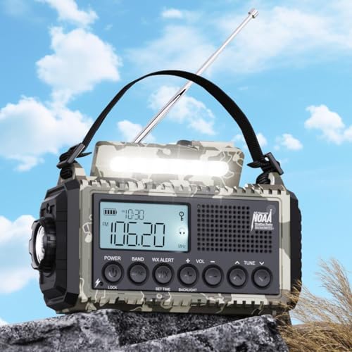 Radio Solaire Portable avec Manivelle, AM/FM Radio avec 12000mAh Batterie Rechargeable, Écran LCD, Port USB & Type C, Prise Casque, Lampe de Poche, SOS pour...