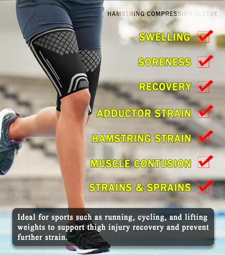 Image of 1 Pair Thigh Compression Sleeve for Men and Women, Upper Leg Sleeves, Anti Slip Hamstring Compression Sleeve for Pulled Muscle Relief, Running, Workout, Sports Recovery (Black and White, Large)