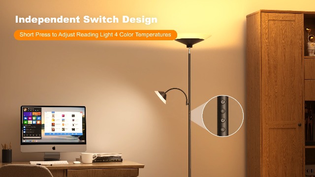 Image of SIBRILLE Upgraded 2-in-1 Torchiere Floor Lamp, Dimmable Standing Lamp with Remote&Button Control, 34W Brightness Adjustable Floor Reading Light, Black Modern Corner Lamp for Living Room Bedroom Office