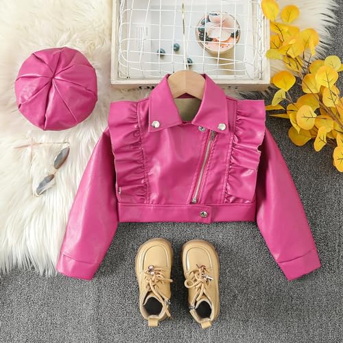 Toddler Girls Faux Leather Motorcycle Jacket Cute Ruffle Spring Fall PU Coat and Hat 2 to 7 Years Top Runaways Hot Pink3