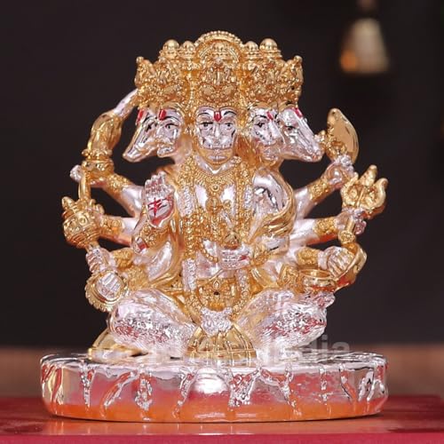 Image of Gold Art India Panchmukhi Hanuman Idol | Gold & Silver Plated Dual Tone Murti | Glossy Finish Polyresin Statue | Spiritual Home Decor for Mandir, Office & Car Dashboard | Premium Gift | 4 Inch