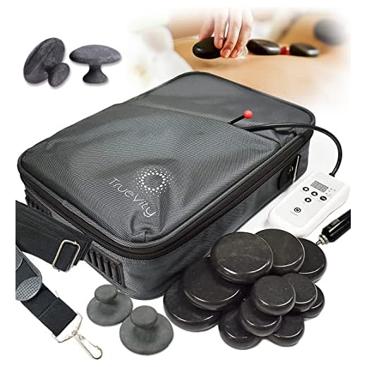 TrueVity Portable Massage Stone Warmer- Hot Stone Massage Kit with Travel Heating Bag, 12 Basalt Massage Stones, & Disposable Headrest Covers