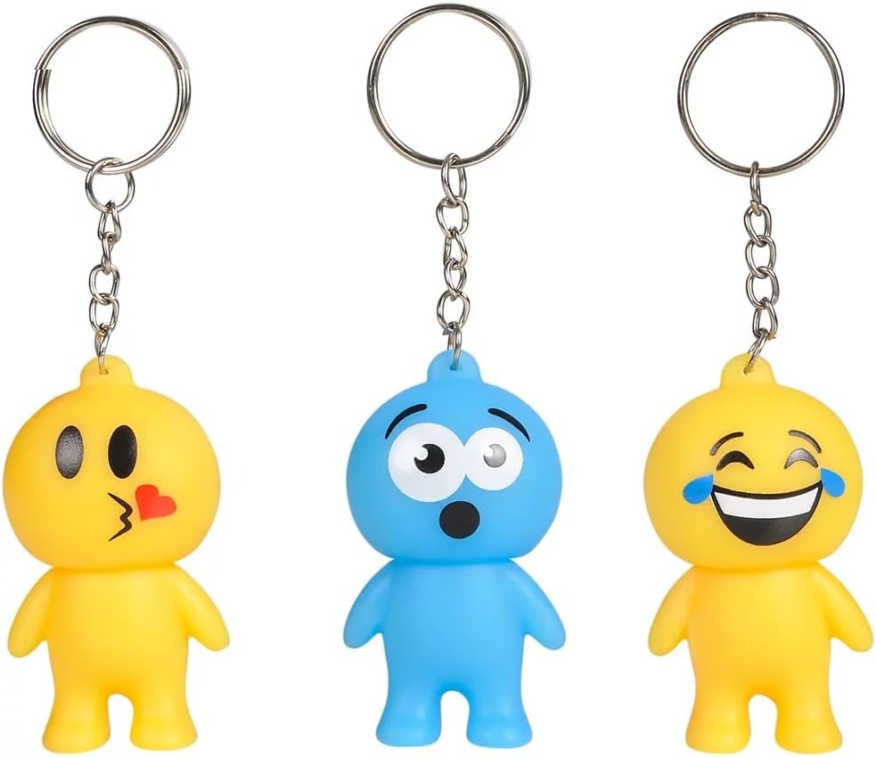 Zugar Land 2.5" Emoticon Guy Keychain (12 Pack) Rubber Birthday Party Favor Carnival Prizes Key Chains with Metal Ring For Kids and Adults