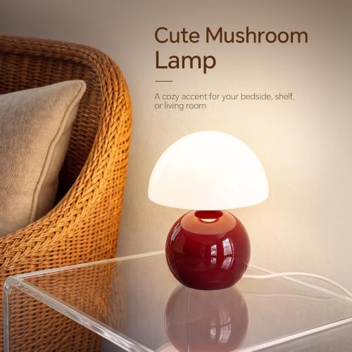 Image of Dawnwake Mushroom Lamp Table Lamp for Bedroom-Small Table Lamps,Wine Red | 8.7 inch Mid Century Modern Table Lamps for Living Room Bedroom Decor,Cute Ceramic Lamps for Mushroom Home Room Decor,Glass Shade