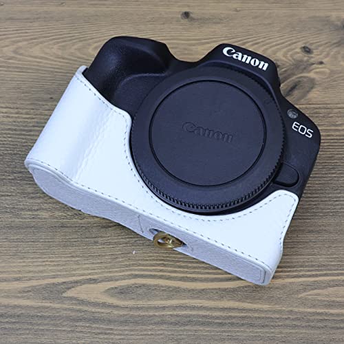 Bmaollongb R50 Case, Handmade Genuine Real Leather Half Camera Case Bag Cover For Canon Eos R50 Bottom Opening Version + Hand Strap (White) #TOP2