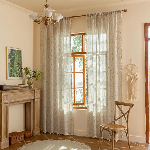 Image of MYSKY HOME Boho Floral Linen Farmhouse Curtains 84 Inch Length 2 Panels Semi-Sheer Light Filtering French Vintage Drapes with Tassels for Living Room Bedroom Back Tab, Blue and Orange, 50 inch Wide, 2 Pcs
