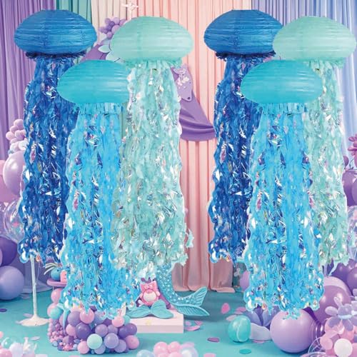 Image of 6 Pack Glowing Jellyfish Lanterns with Color LED, Hanging Jellyfish for Under The Sea Party, Mermaid Birthday Decorations, Ocean-Themed Decor, Jellyfish Decor with 36ft String