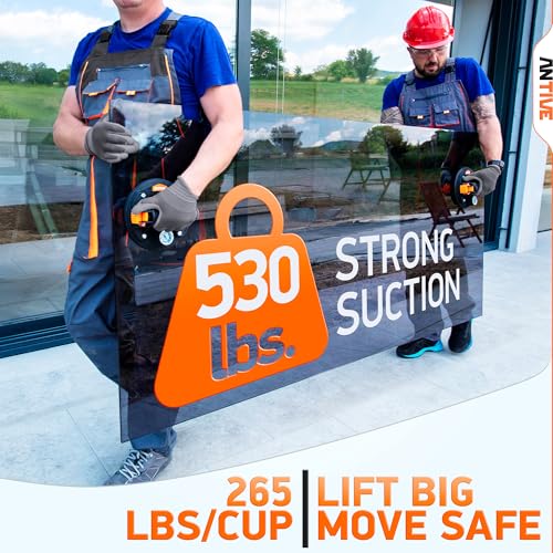 Image of Glass Suction Cup Lifter 265 lbs Each / 530 lbs Combined - 2 Pack 8 inch Heavy Duty Vacuum Suction Cups with Pressure Gauge | Manual Glass & Tile Lifting Tool for Installation