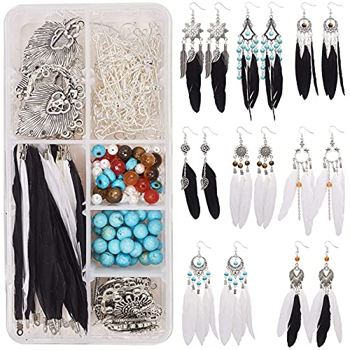 SUNNYCLUE 1 Box DIY 8 Pairs Bohemia Black White Long Feathers Dangle Hook Earring Making Kit with Instruction Jewelry Findings Making Crafts for Women, Antique Silver