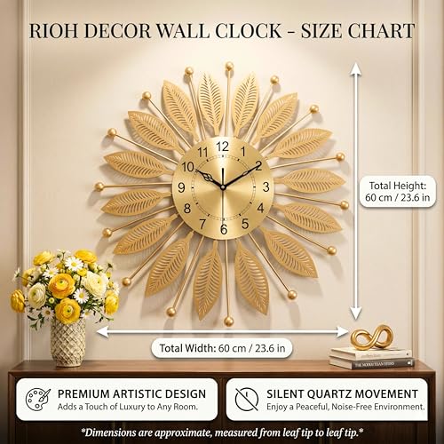 Image of RIOH Decor Big Size Wall Clock 60 CM Gold, Large Metal Decorative Silent Wall Clock for Living Room, Office, Bedroom, Hall & Home Decor