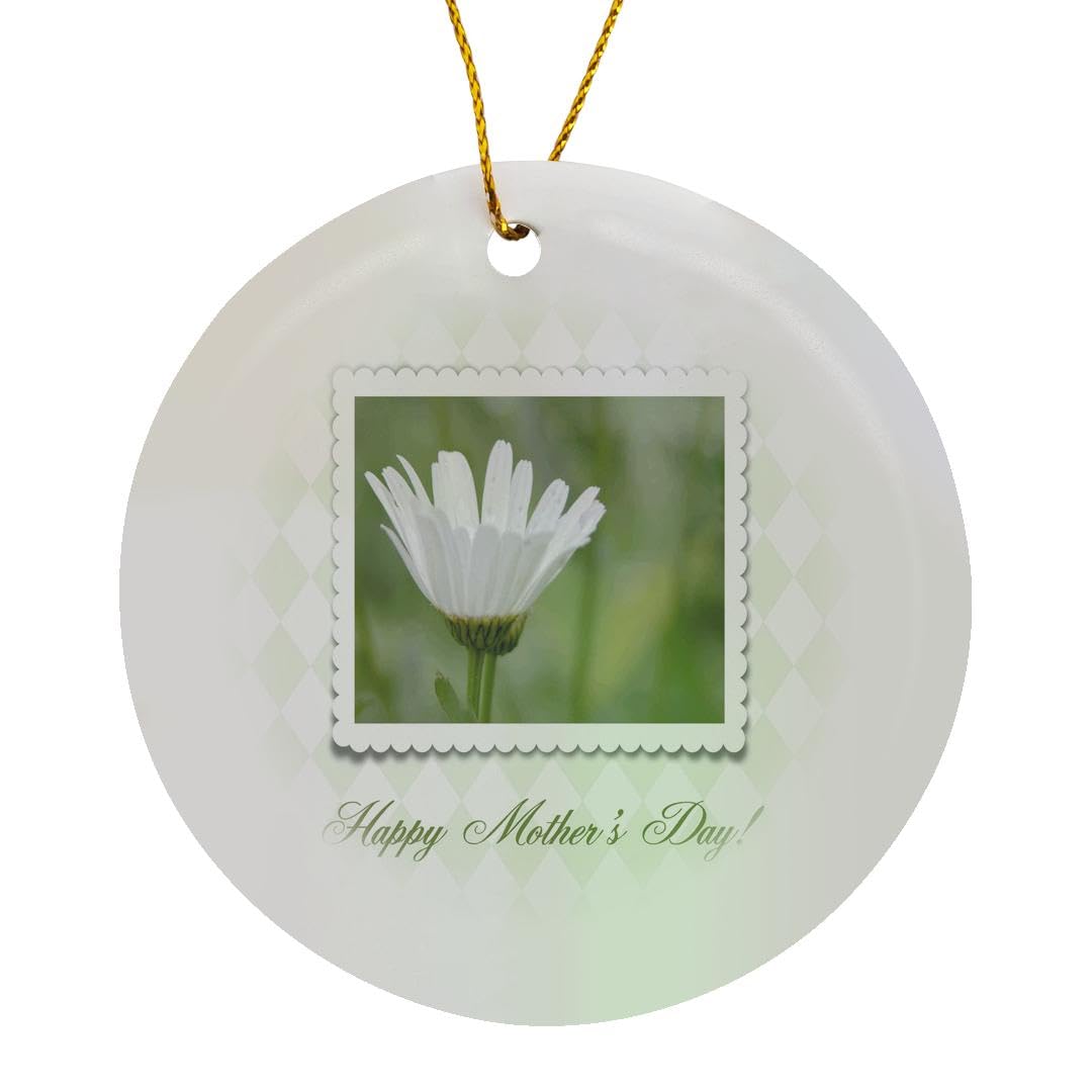 3dRose Ox Eyed Flower in Frame on Pale Green Diamond Design, Happy Mothers Day Circle Porcelain Ornament