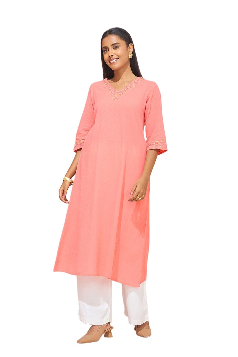 Buy Taneira Women Cotton Chikankari Light Orange Kurta for Women