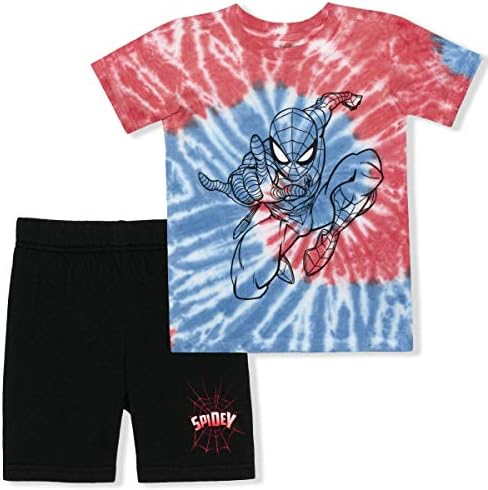 Marvel Spiderman Boys Tie Dye Short Sleeve Shirt and Shorts Set for Toddler and Little Kids -Black/Blue/Red