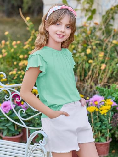 Image of Haloumoning Girls Pleated Ruffle Short Sleeve Shirts Kids Summer Crewneck T-Shirts Fashion Tops Tees 5-14 Years