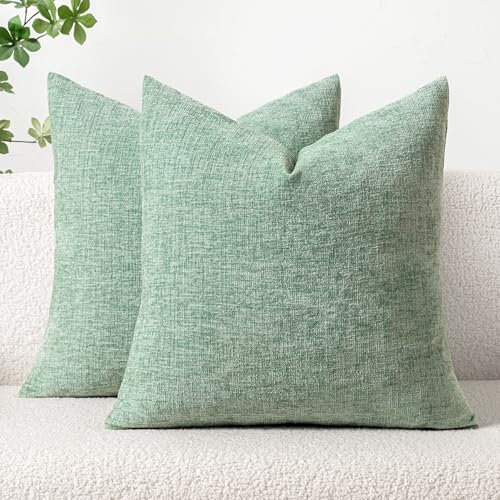 Image of MIULEE Pack of 2 Couch Throw Pillow Covers 16x16 Inch Soft Greyish Green Chenille Pillow Covers for Sofa Living Room Solid Dyed Pillow Cases