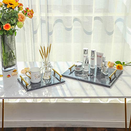 YCOCO Marble Dish Trinket DecorativeTray,Jewelry Tray with Gold Metal Handle,Bathroom Bedroom Dresser VanityTray,Perfume Tray,Home Decor,15.8”X11.8“inch - Thumbnail 3