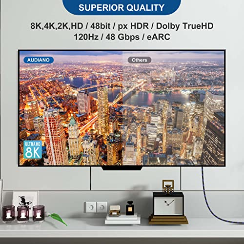 Audiano 8K Hdmi 2.1 Cable, 48 Gbps Ultra High Speed 3D Nylon Braided Cord, Supports 8K 60Hz 4K 120Hz 144Hz, Earc Dolby Vision Hdr 10, Hdcp 2.2 2.3, Compatible With Roku/Ps4/Ps5/Blu-Ray(6.6Ft/2M) #TOP5