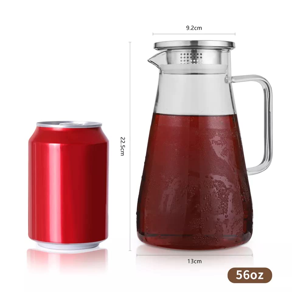 Image of Borosilicate Glass 1.8 LTR Water Jug with Handle, Juice Beverage Carafe with Stainless Steel Lid, Big Glass Iced Tea Pitcher, 1 Pcs Set (Borosilicate 1.8 Liter BOTOM Square)