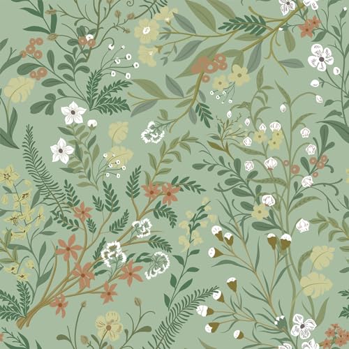 Hode Papier Peint Autocollant Rouleau Adhesif Mural Meuble, Revetement Film Adhesif Meuble Cuisine Decoratif, Papier Peint Vert Vintage Tropical Feuillage Fleuri Motif Floral Vert 44×300cm