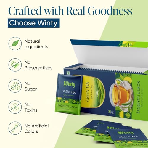 Image of Winty Exquisite Lemon Green Tea - 30 Compostable Tea Bags | Aromatic Blend Lemon & Peach | For Body Detox, Immunity and Weight Management | Herbal Tea Bags | Low Caffeine | No Preservatives