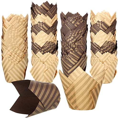 Chengu 400 Pcs Tulip Cupcake Liners Baking Cups Tulip Muffin Liners Wrappers Greaseproof Baking Cups Holders for Christmas Wedding Birthday Baby Shower Party Supplies(Beige, Brown Stripes)