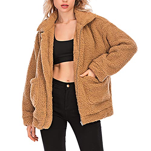 Women Faux Fur Cardigan Fashion Long Sleeve Fleece Jacket Casual Lapel Shearling Shaggy Coat (Camel,US L=Tag XL)