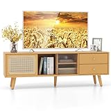 Byroce Bamboo TV Stand for TVs up to 65’’, Modern Entertainment Center with Sliding Rattan & Glass Doors, Storage Drawers, Adjustable Shelf & Wood Legs, Media TV Console for Living Room, Bedroom