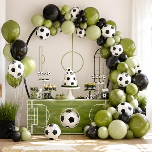 Image of Soccer Balloons, 60 Pcs 12 Inch Green Black White Balloons with Soccer Print for Boys Birthday Sports Party Soccer Theme Decorations