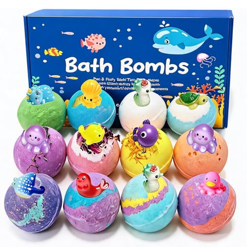 12 Pack Bath Bomb Gift Set - Large 2.1oz / 60g Shea Butter Spa Fizzies with Hidden Surprise Inside - Mineral-Rich Non-Staining Moisturizing Formula for Adults