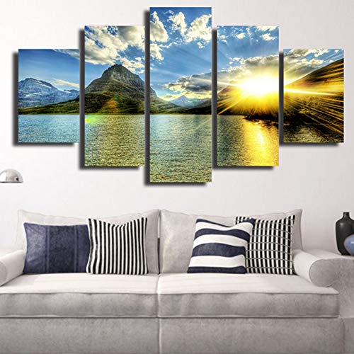 KGKBH 5 Dipinti su Tela HD Poster Wall Art Immagini Moderne Decorazioni per la casa 5 Pannelli Alba Montagna Paesaggio Soggiorno Pittura Stampata