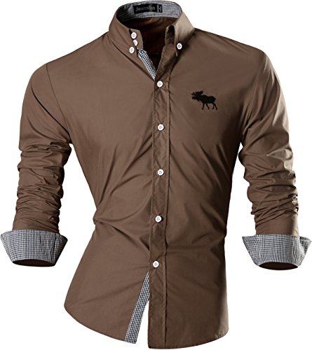 jeansian Men's Casual Slim Long Sleeves Dress Shirt 8558 Khaki L