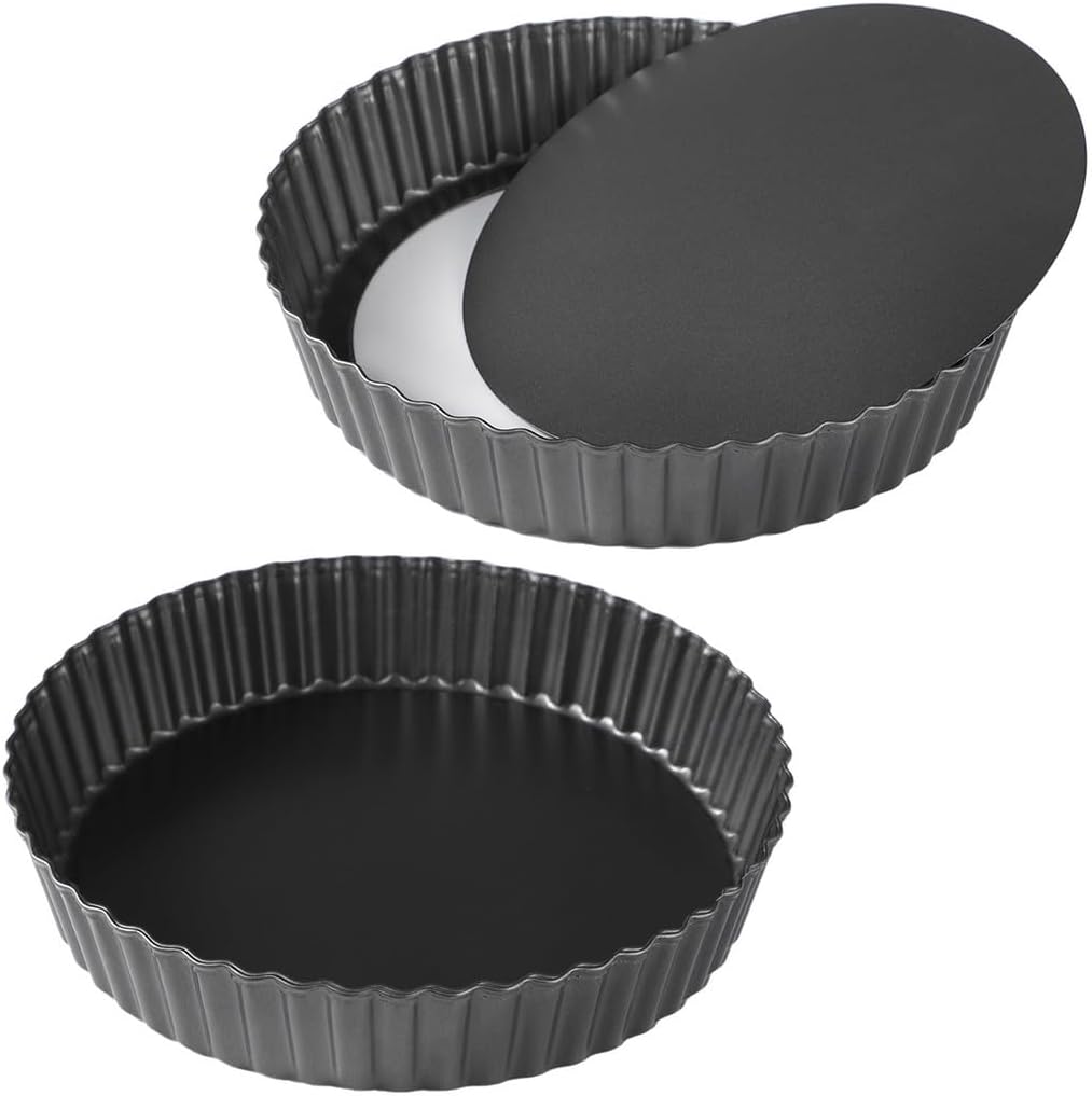 2-Piece 11 Removable Bottom Non-Stick Tart and Pie Pans, Fluted Carbon Steel for Baking