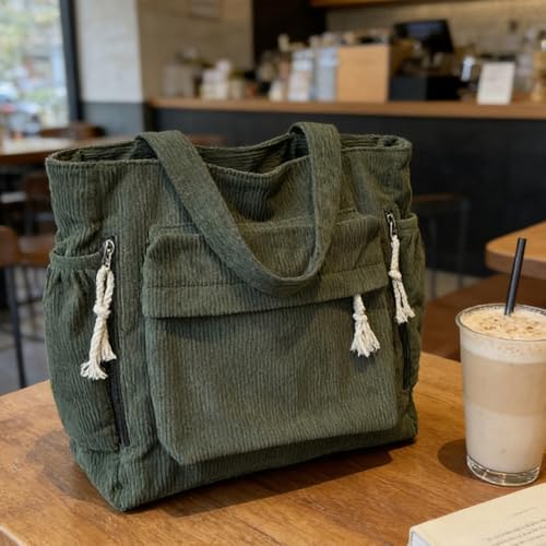 Bolso Tote grande de pana verde para mujer miniatura 2