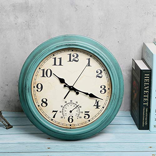 12 Inch Indoor/Outdoor Retro Waterproof Wall Clock With Thermometer,Vintage Battery Operated Silent Non Ticking Quartz Clock Wall Decorative For Kitchen/Bedroom/Living Room/Bathroom/Patio-Olive Green #TOP5
