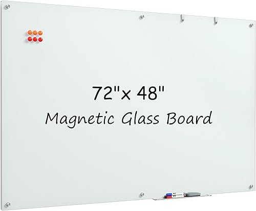 MaxGear Pizarra blanca de vidrio de 72 x 48 pulgadas (6 x 4 pies), pizarra magnética de cristal de borrado en seco, pizarra blanca extragrande sin